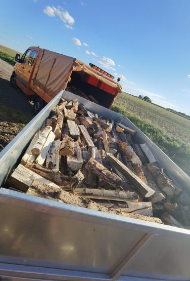 Brennholz bei einer Lieferung auf unserem Kippanhänger in Striegistal